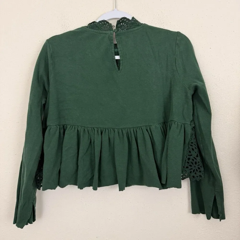 Free People Eyelet Crop Top Brittany Embroidered Sz Medium Green Long Sleeves